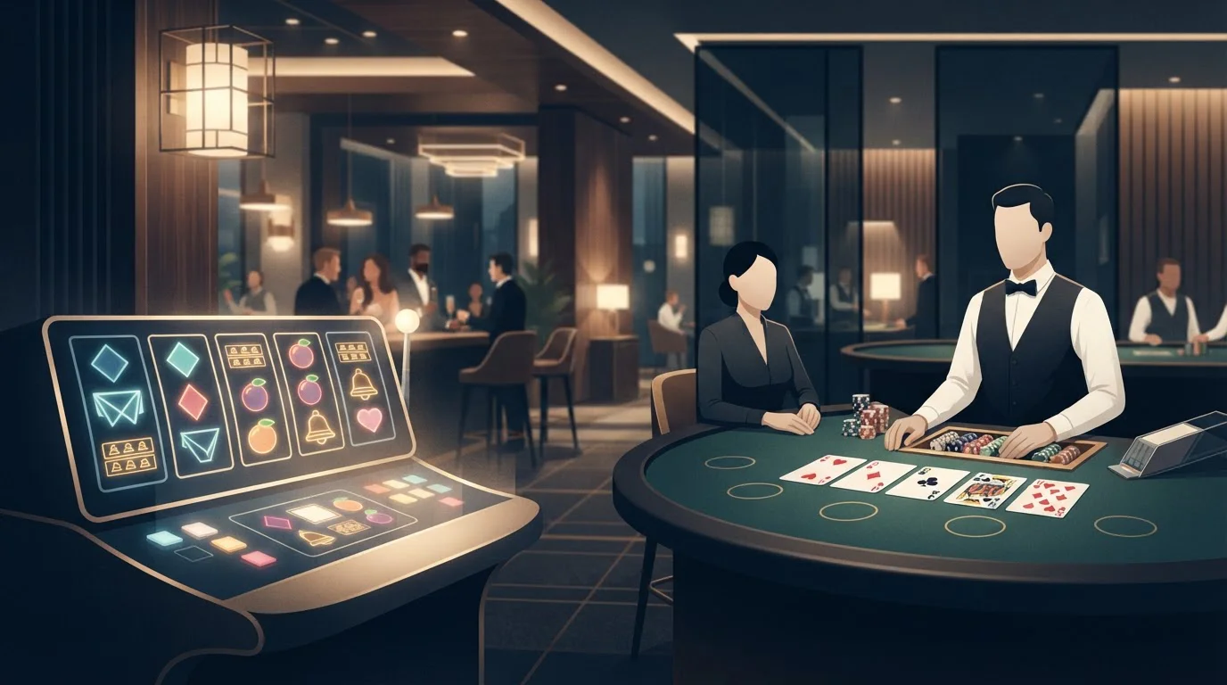 Abstrakte Casino-Spielauswahl mit Walzen, Karten und Live-Tisch ohne Markenlogos