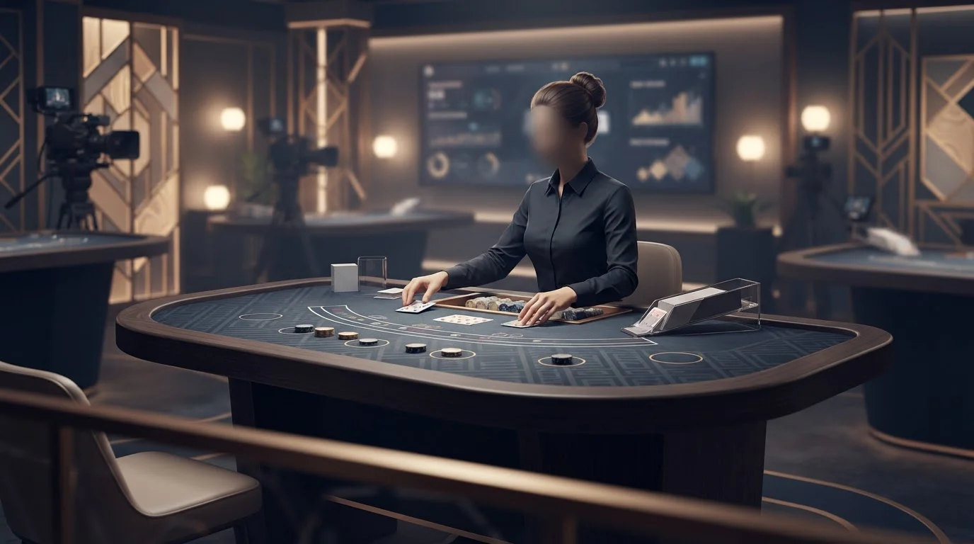 Abstrakte Live-Casino-Szene mit Spieltisch, Karten und Studiolicht ohne Markenlogo