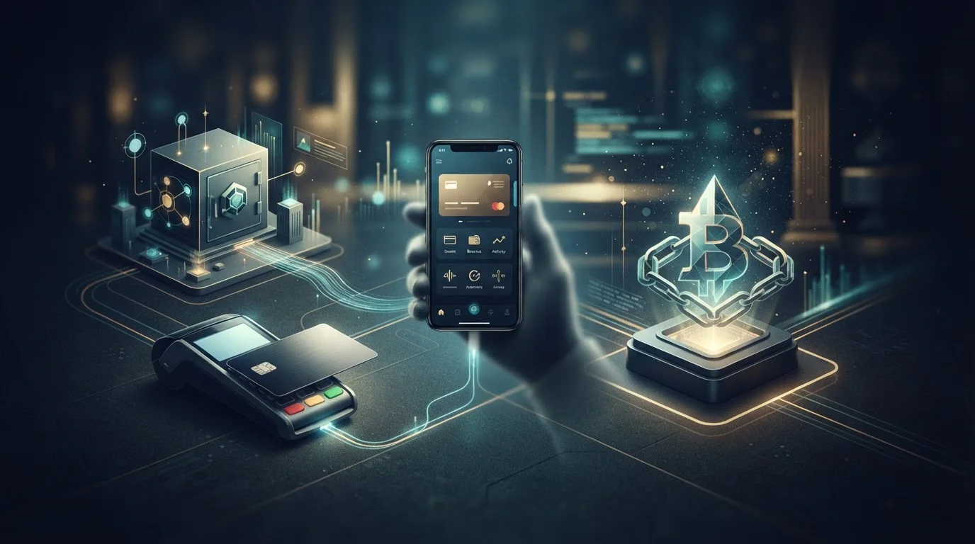 Abstrakte Darstellung verschiedener digitaler Zahlungswege mit Karte, Wallet und Bank-Symbolik ohne Markenlogos