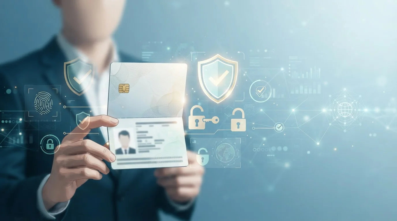 Abstrakte Illustration einer digitalen Identitätsprüfung mit Dokument, Schutzschild und Prüfsymbolen