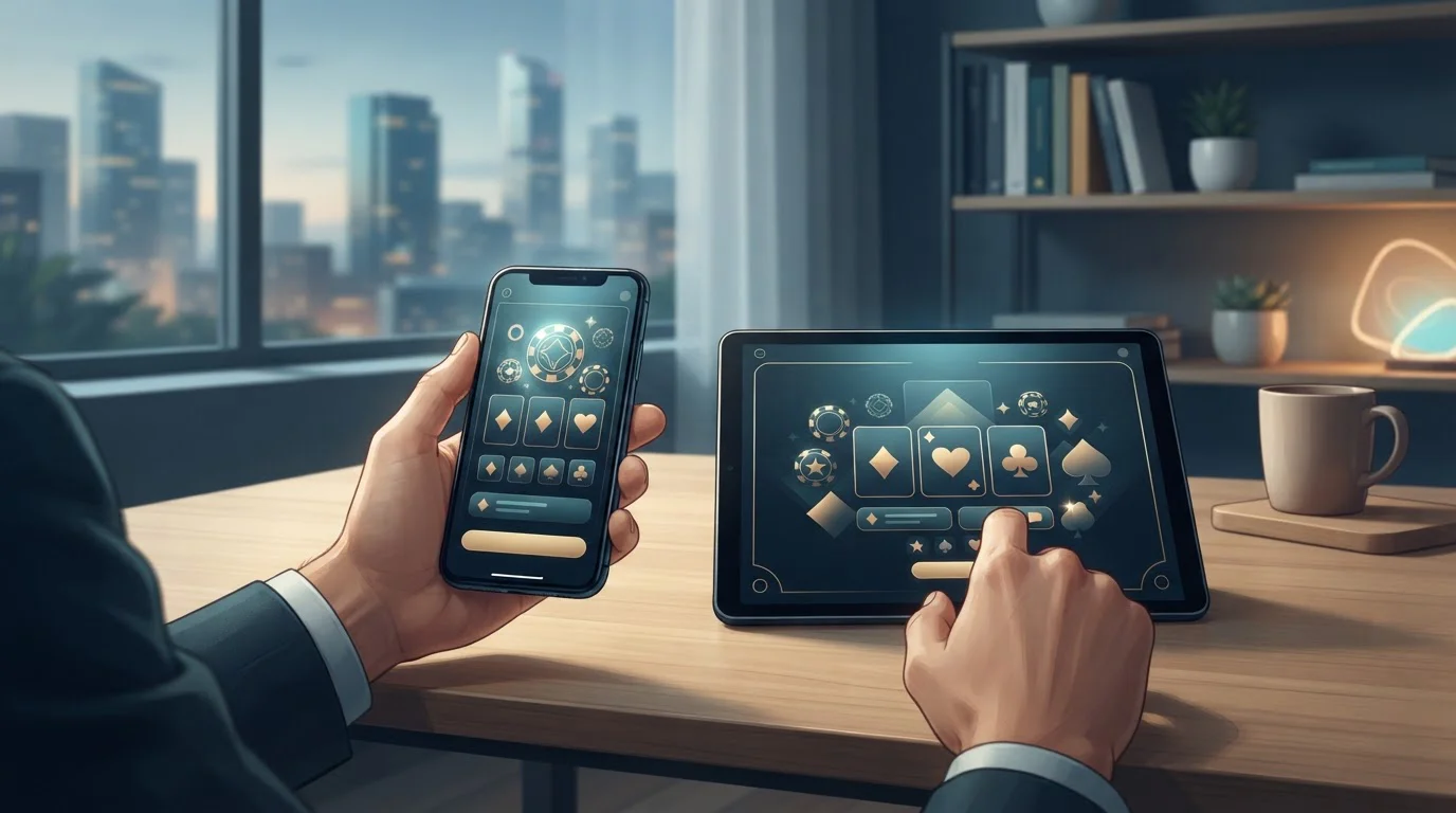 Abstrakte mobile Casino-Nutzung auf Smartphone und Tablet ohne Markenlogo oder echte Benutzeroberfläche